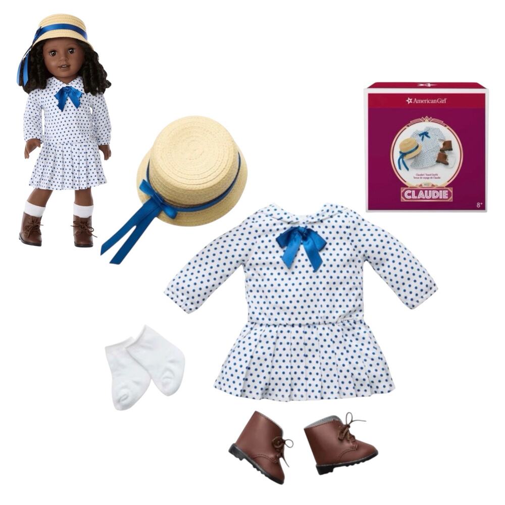 American Girl Doll Claudie Travel Outfit Dress Hat Shoes Boots Socks Box New